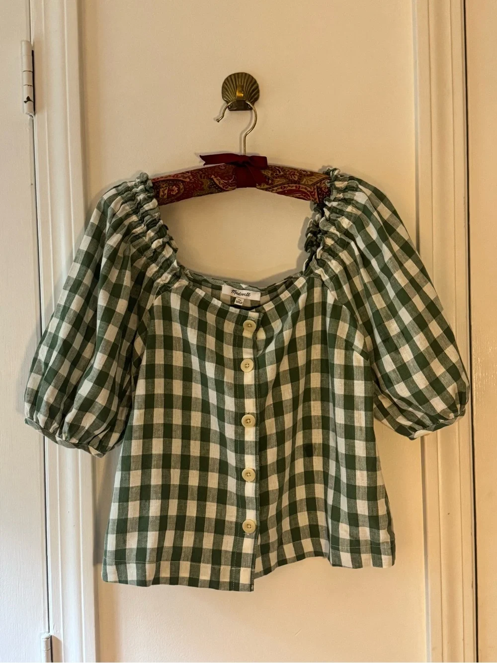Linen-Cotton Square-Neck Button-Front Top in Gingham Check
